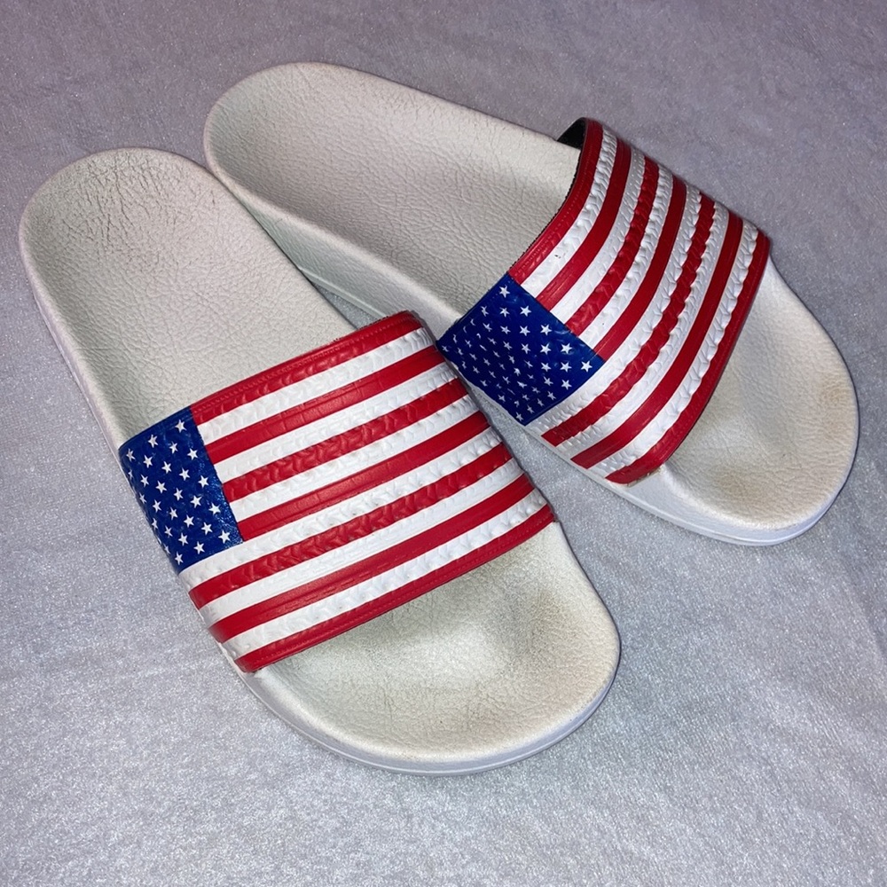 adidas White Red Blue USA Flag Slide Sandals